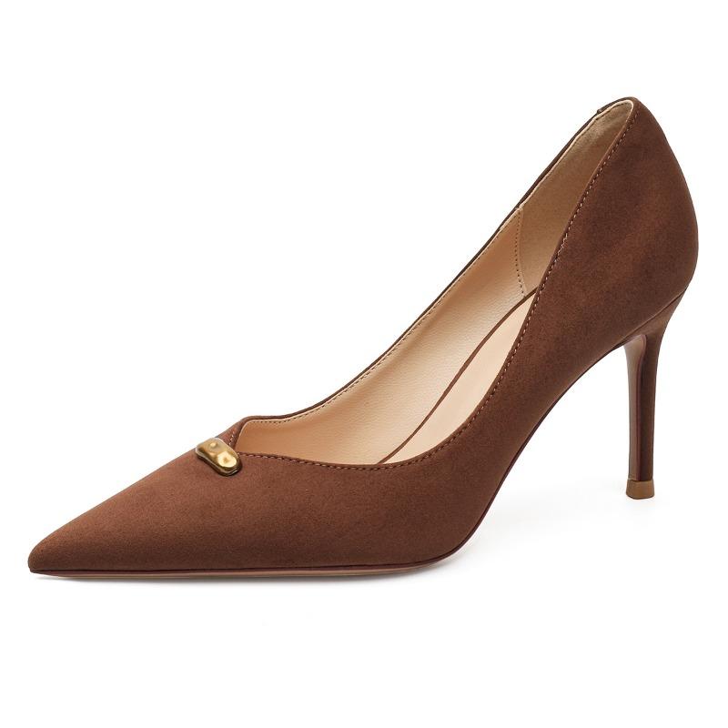 New Suede Pointed Women's High Heels Versatile Commuter Small Golden Bean Fine Heel Soft Sole Shallow Mouth Single Shoes Women's One Foot Pedal