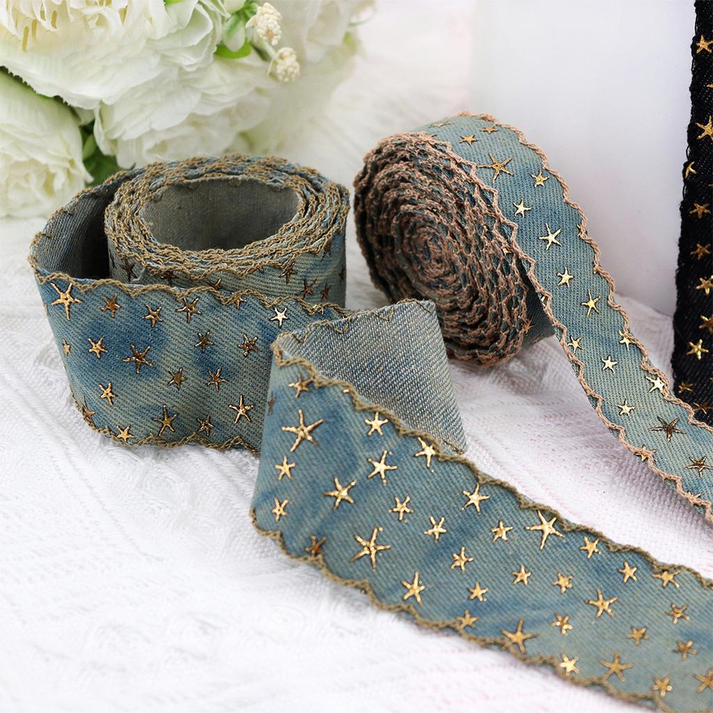 Retro Denim Ribbon With Star For Creative DIY Projects Clothing Decoration Vintage Blue Denim Trim Unique Star
