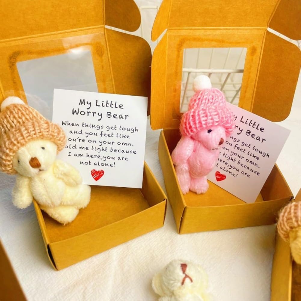 Little Bear In Box, My Little Worry Bear In a Box, Pocket Bears Hug, Handmade Mini Plush  Bears with Hat, Sympathy Gift with Inspirational Card
