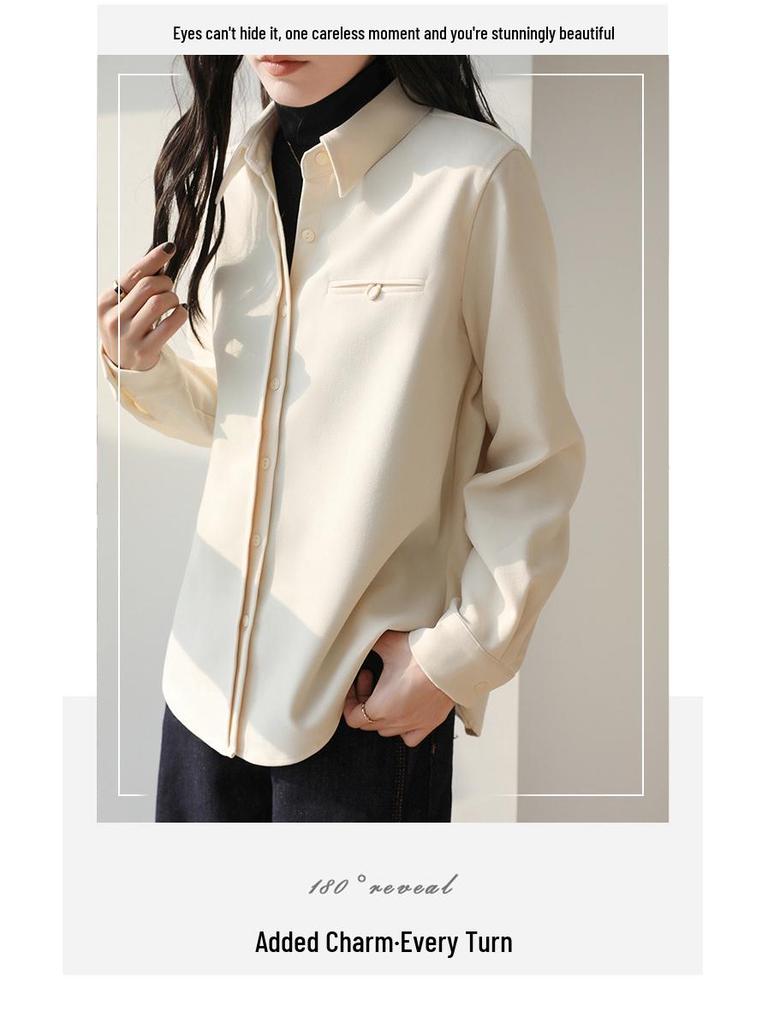 Women's Retro Red Lapel Shirt - 2026 Spring/Autumn Brushed Long Sleeve Top