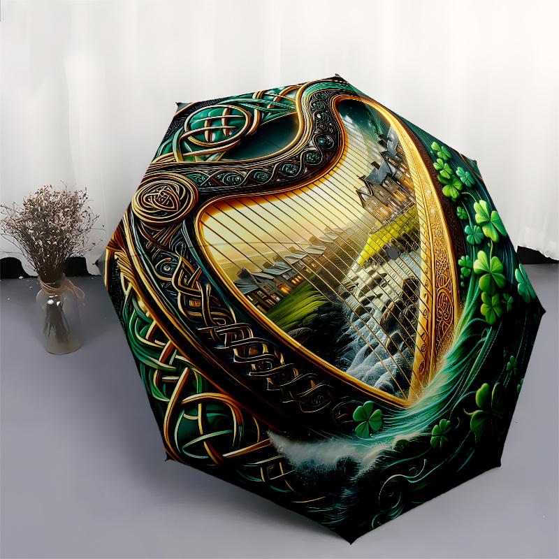 Irish Harp Celtic Knotwork Wall Art Print Umbrella - Cute Umbrella with Cute Design, Portable 3-Fold Compact Umbrella for Men