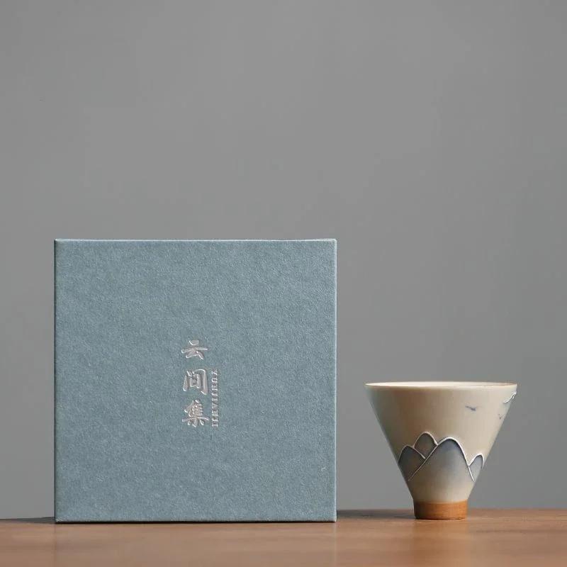 Hand Drawn Grass Gray Ceramic Underglaze Colored Mountain and Water Hat Tea Cup Kung Fu Tea Set Tea Drinking Tea Single Cup