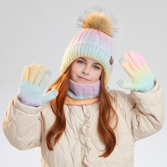 3Pcs/Set Kids Winter Knitted Scarf Gloves Set Pom Pom Ball Rainbow Color Brimless Hat Touchscreen Gloves Neck Warmer Set