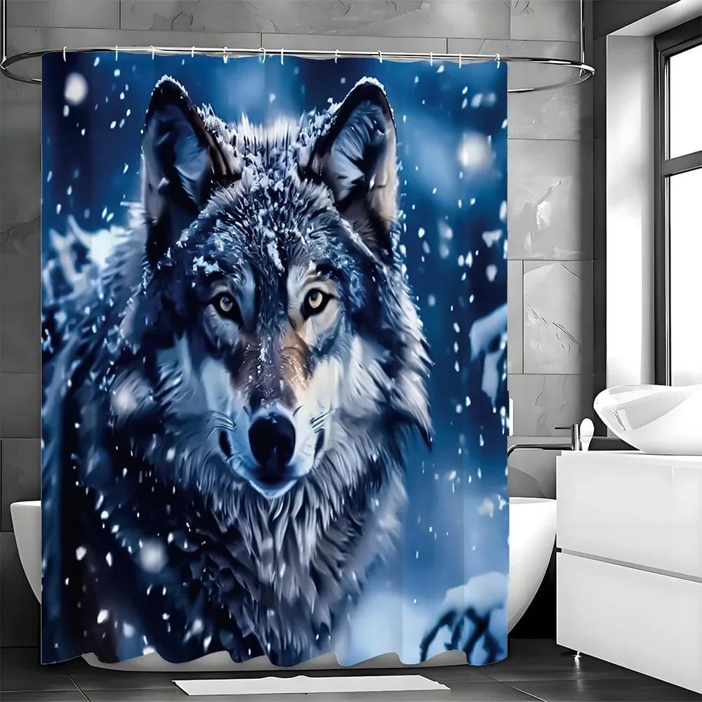 Majestic Wolf Pattern Shower Curtain, Blue Sky, Snowflake, Wolf, Bathroom Decorative Shower Curtain, Waterproof Shower Curtain
