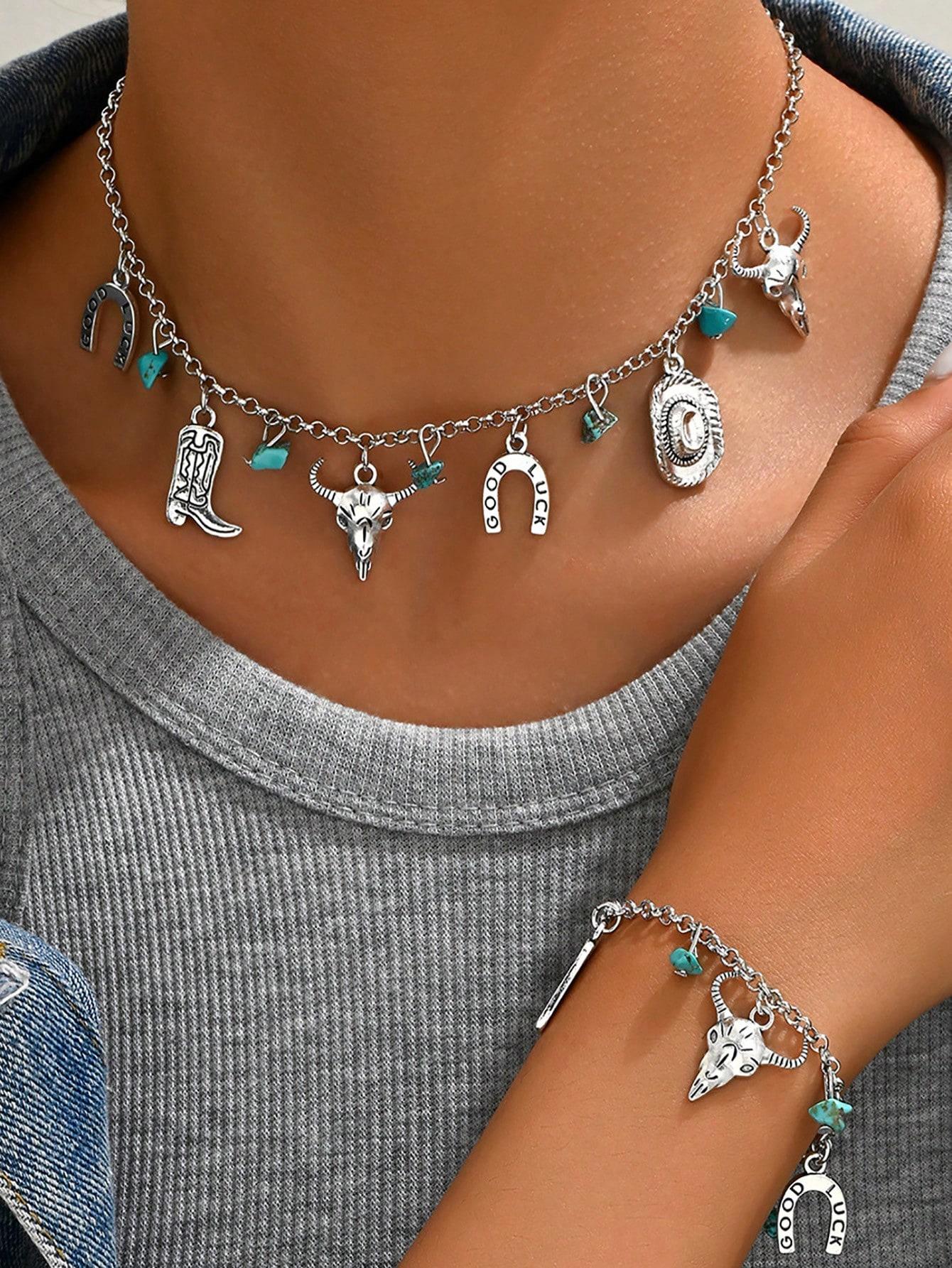 

2 шт./Компл. Антикварные элементы в стиле западного ковбоя, бирюза, модный повседневный ковбойский шляпа, сапоги, шарм в виде головы коровы, женское ретро ожерелье, браслет античный серебряного