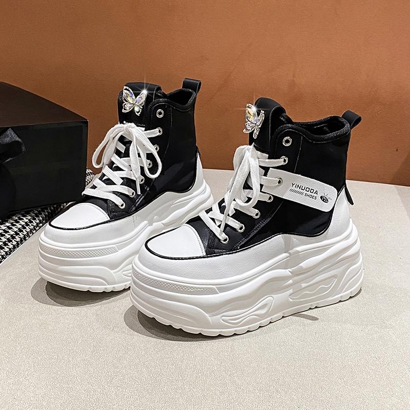 Fashion Women's High-top Sneakers Platform Wedges Autumn Fashion Shoes Woman Lace Up White Footwear Platform Thick Bottom Canvas2024