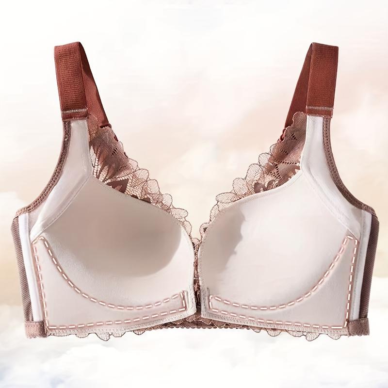 Contrast Lace Wireless Bra, Comfy & Breathable Front Buckle Push Up Bra, Women's Lingerie & Underwear