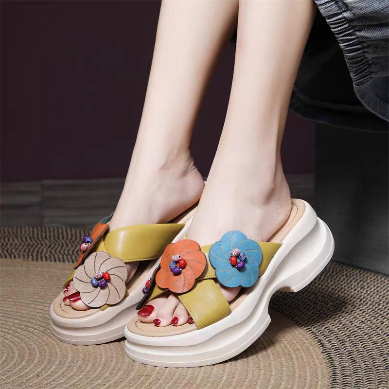 Fashion Summer New Slippers Women Fashion Round Head Beaded Cross with Flowers Waterproof Table Anti-slip Wear-resistant Sandals