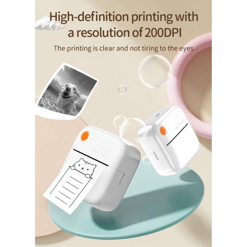 Mini Thermals Label Maker For Children Cordless Bluetooth-compatible Printing 200DPI Resolution Safe 45 Degree Tear Line Rechargeable Type C