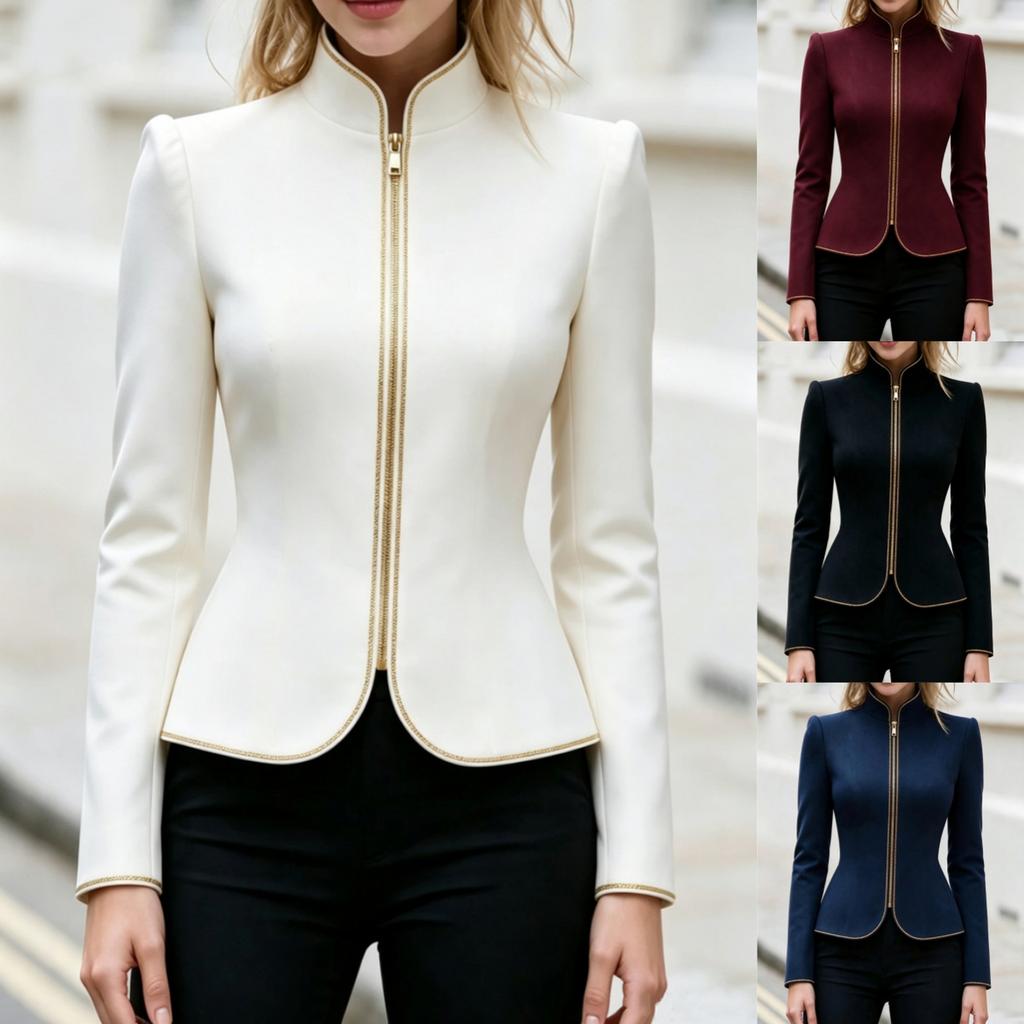 Elegante Damen Kurzjacke mit Stehkragen, Reißverschluss, figurbetontem Schnitt und Goldverzierungen für die Arbeit