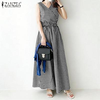 Vestido Longo Feminino Casual com Decote em V, Sem Mangas, Estampa Xadrez