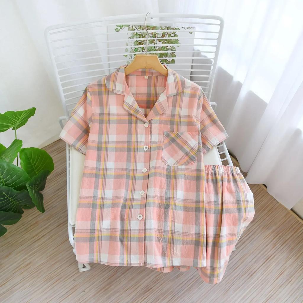 New 100% Cotton Short-sleeved Shorts Ladies Pajamas Set Cute Cartoon Pajamas Japanese Simple Short Pajamas Women Sleepwear