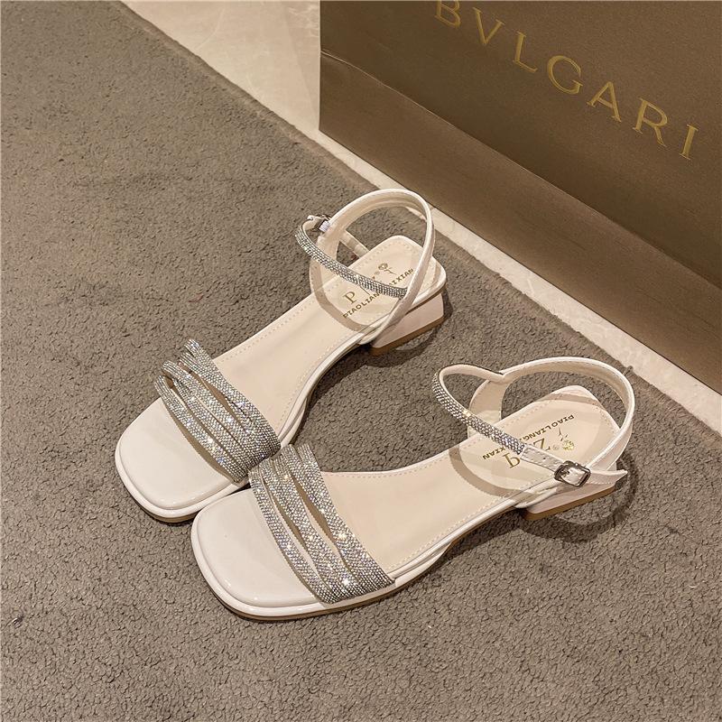 2025 Summer New One-word Buckle with Thick Heel Open-toed Sandals Actress Crystal Heel Round Heel Temperament High Heels
