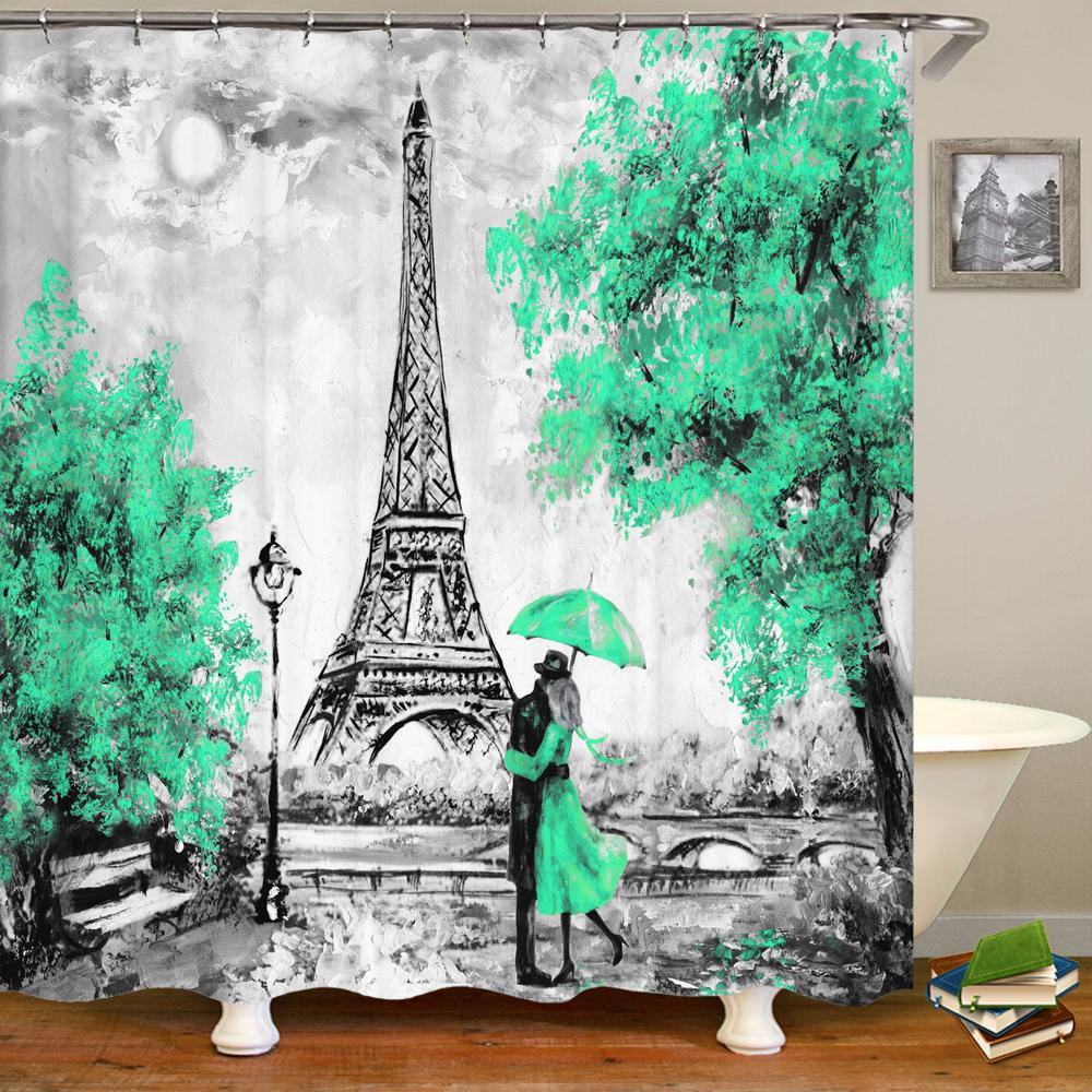 Nordic Style Landscape Paris Tower Fabric Shower Curtain Bathroom Curtains Waterproof Polyester Bath Screen with 12 Hooks