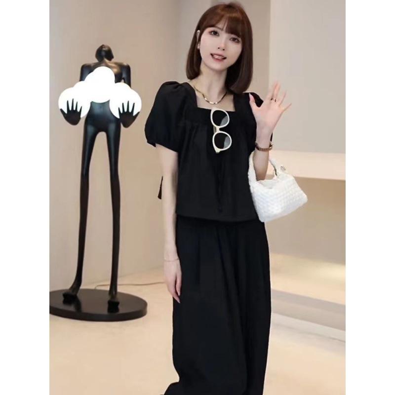 Elegant Square Neck Puff Sleeve Shirt Versatile Slimming Wide Leg Pants Two-piece Set Women's Summer Ice Silk Fashion Suit