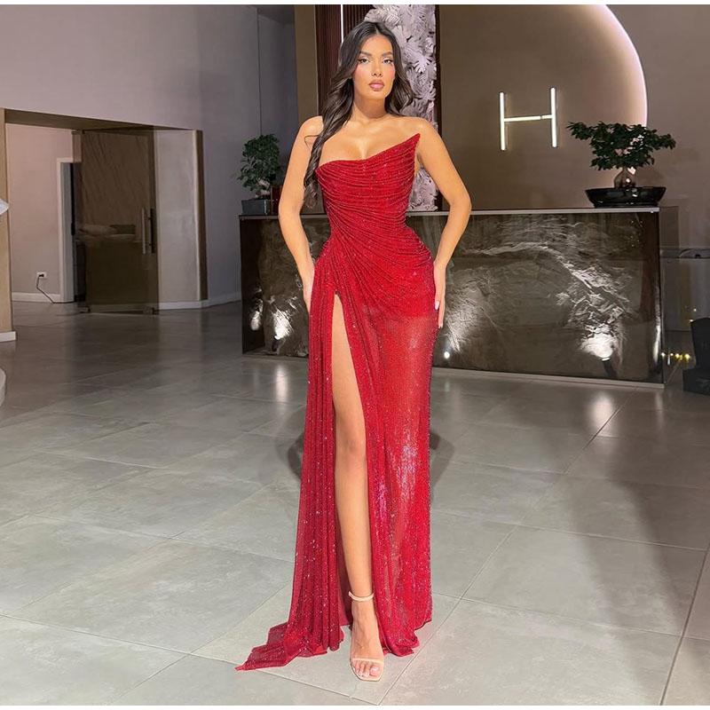

Декорированное пайетками асимметричное платье-труба с разрезом Женское красное платье Платье Стройнящее Модное Длинное платье Свадебная вечеринка Можно носить XL красный