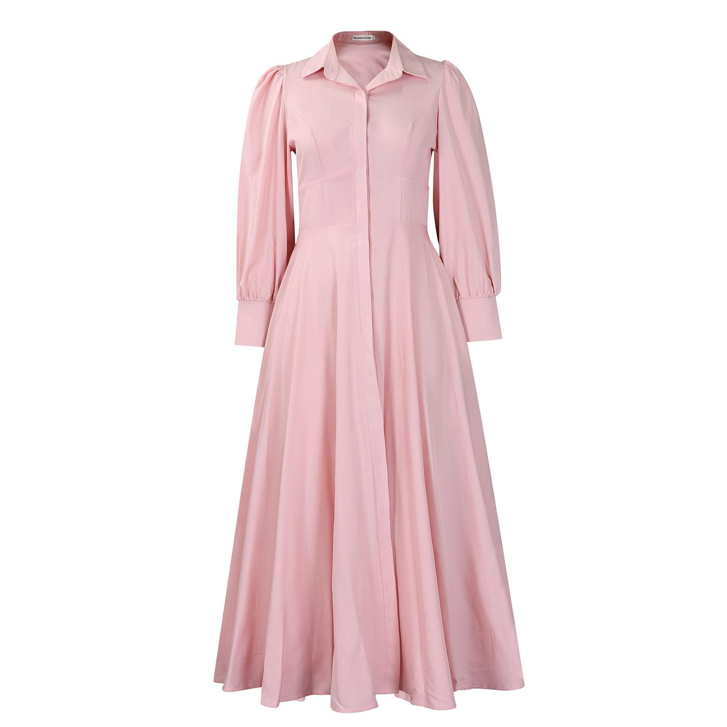 

Women s Elegant Long Sleeve Pendulum Shirt Dress Fashion Solid Color Medium and Long Dress S светло-розовый