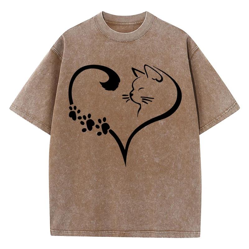 Cute Cartoon Cat Heart Picture Print T Shirts Mans Chic Oversized T-Shirts Design Soft Tee Shirt Senior Breathable Clothes