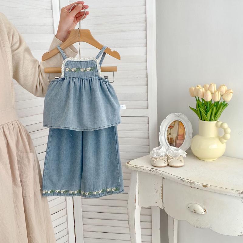 Girls' Embroidered Denim Strappy Top & Wide-Leg Pants Set