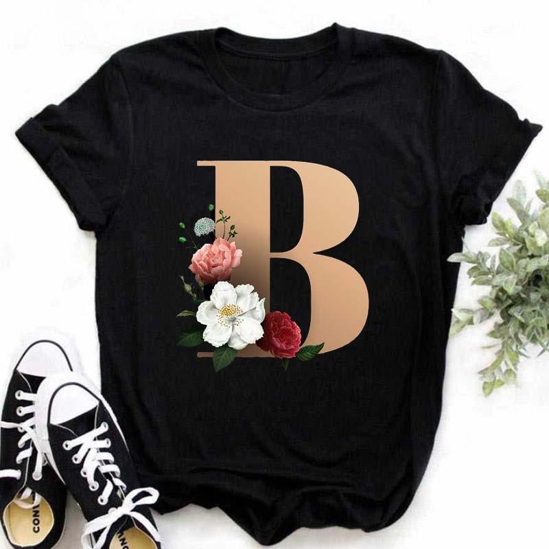 A B C D E Druck T-Shirt für Damen Neues Sommer Paare Liebhaber Damen T-Shirt Harajuku Lässig Schwarze Oberteile T-Shirts