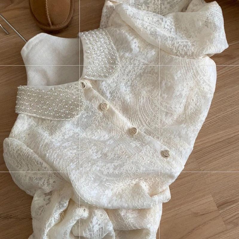 Frühlings Perlen Ropa Langarm Jacquard Blusas Schöne Hemden Blusen Roupas Feminina Damen Pendler Camisas