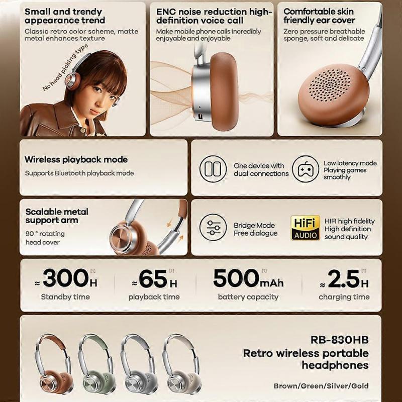 REMAX RB-830HB Wireless Headphones Retro Portable On-Ear Bluetooth Headset with ENC Noise Cancellati