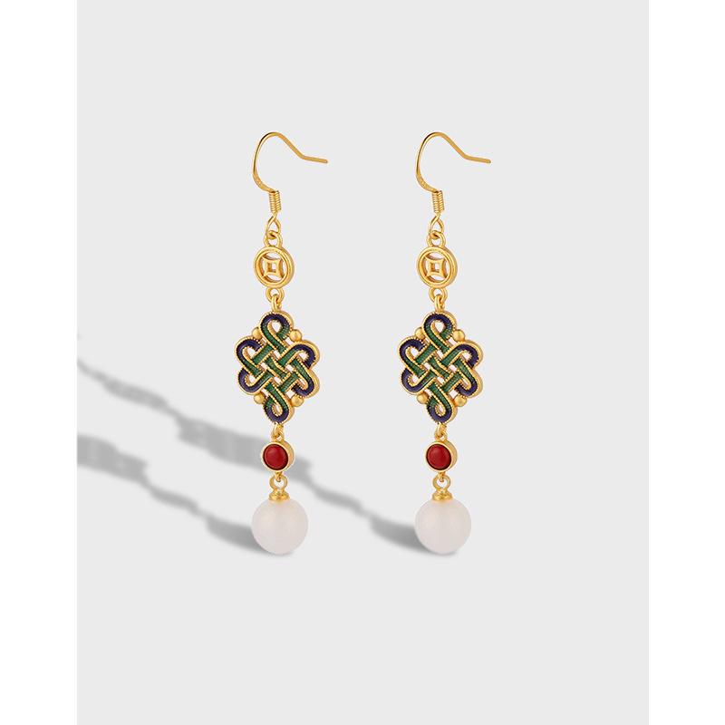 Hetian Jade Ear Hook Earring Women's High-end Temperament Ethnic Retro Earrings Cloisonne Craft Dangler Gift