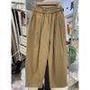 Women Khaki Elastic Waist Pleated Wide Leg Pants Casual Cotton Trousers