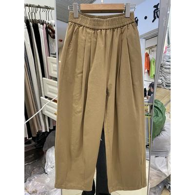 Women Khaki Elastic Waist Pleated Wide Leg Pants Casual Cotton Trousers