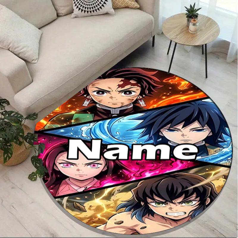 Custom Name Personalized Demon Slayer Print Round Rug, Versatile Home Decor Carpet, for Playroom, Apartment, Balcony, Entryway, Hallway Gift
