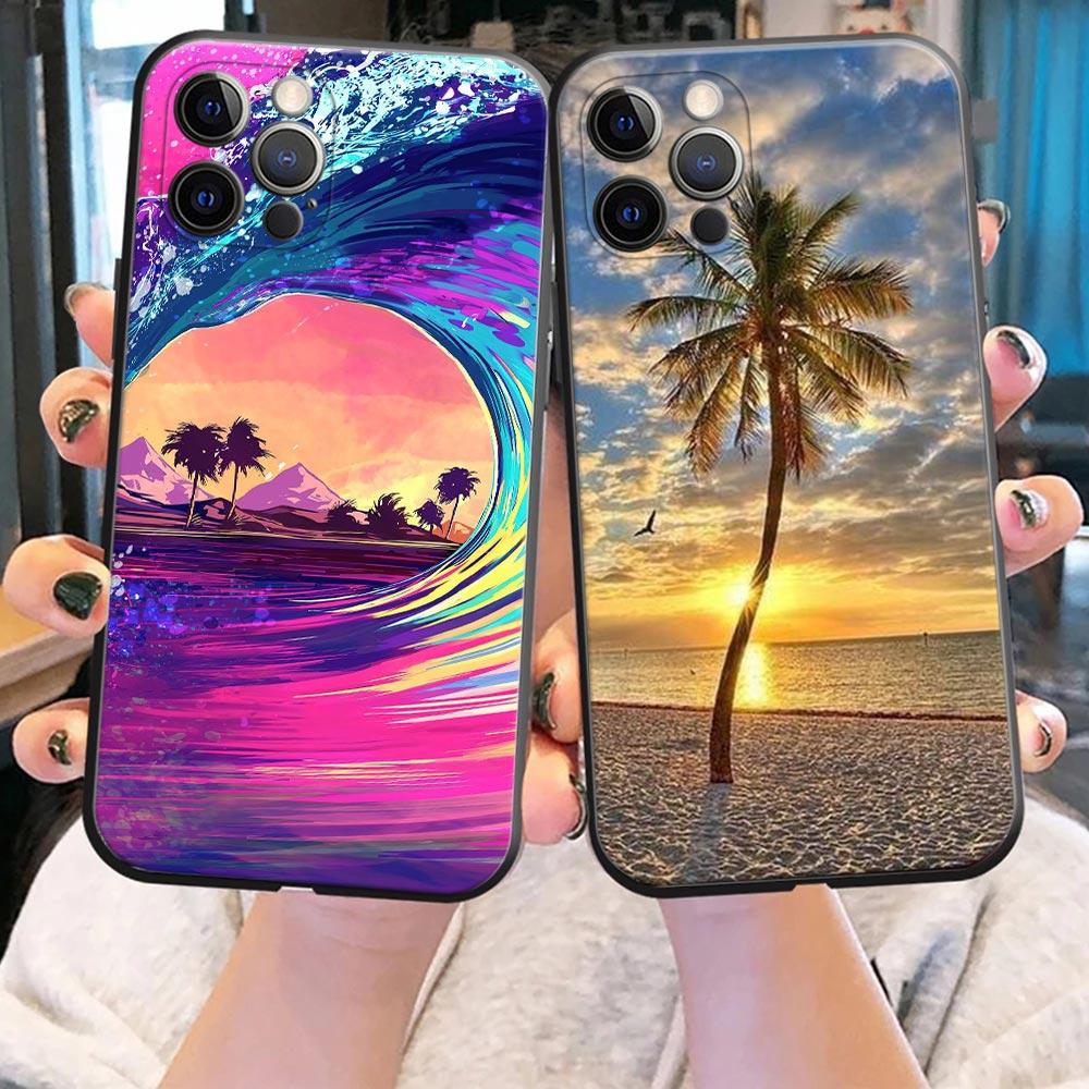 Phone Case for iPhone 11 12 13 Pro 2022 7 8 SE XR XS Max 5 5s 6 6s Plus Case Soft Silicone Cover Summer Talls Sea Palm Trees