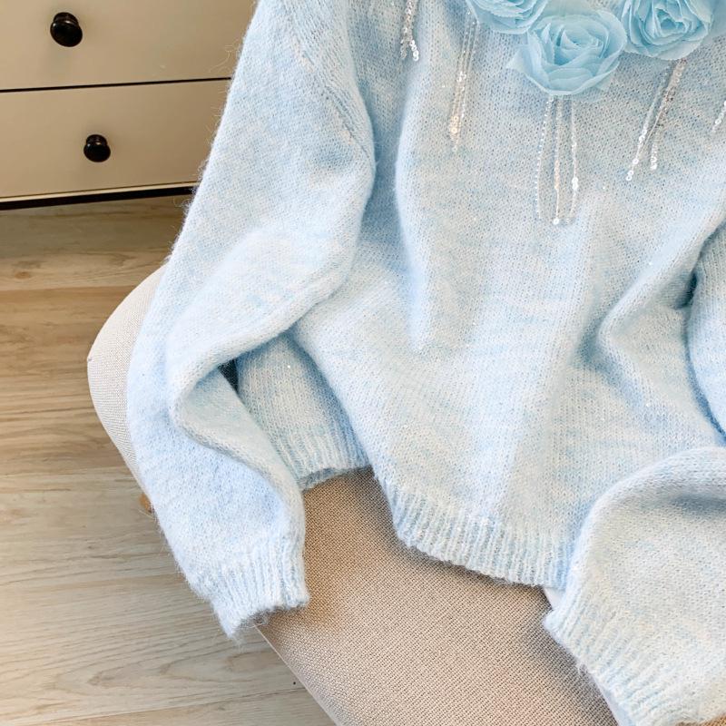 2026 Spring/Autumn Women's V-neck 3D Floral Rhinestone Pullover - Versatile Loose-Fit Long-Sleeve Top