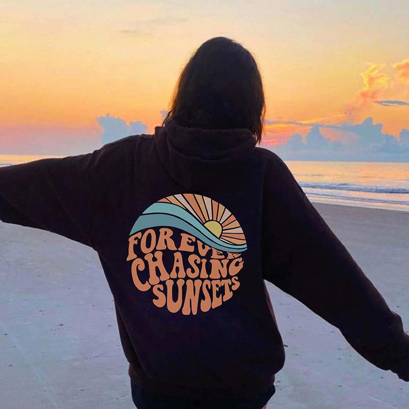 Forever Chasing the Sunset Print Kangaroo Pocket Drawstring Hooded Women's Fleece Sweater