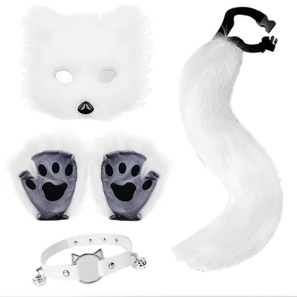 Funny Animal Costume Set Polyester Tail Mask Paw Gloves Full Set  Stage Performance белый