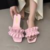 Sandals summer new square head wear one word beach shoes pearl lotus leaf edge low heel slippers women