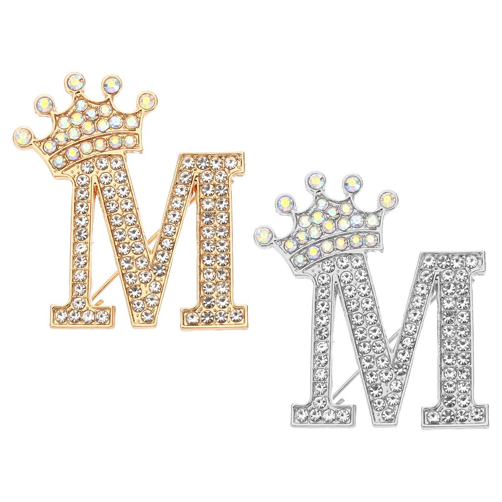 2pcs Letter Brooch Pins Crown Initial Rhinestone Alphabet A-W Letter Lapel Badges Pin for Women Suits Dress Coat Clothes Craft
