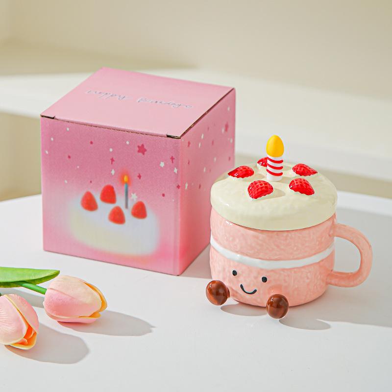 Cute birthday candle cake ceramic mug Internet celebrity cartoon with lid water cup creative expression smiley face coffee cup 301-400ml