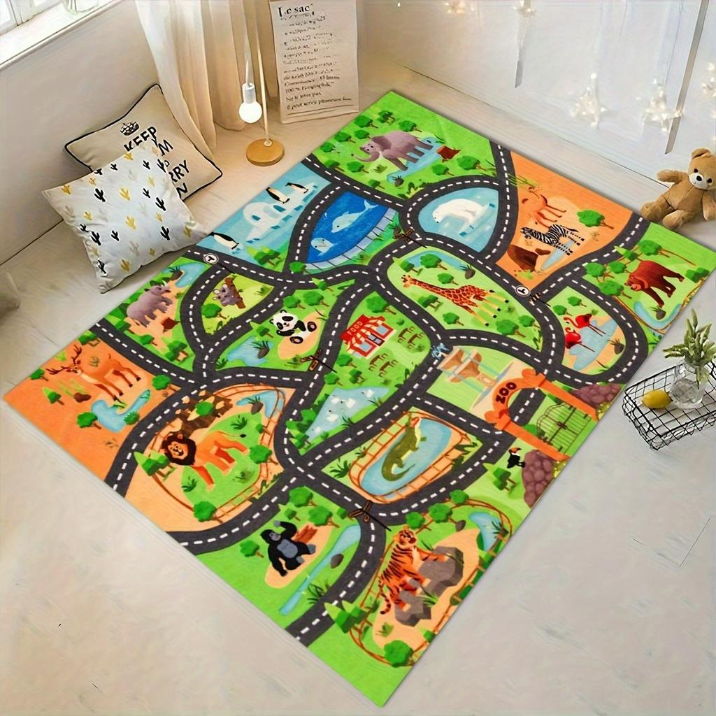 Zoo Animal Road Map Print Non-slip Kids Play Rug Interactive Educational Floor Mat for Bedroom Nursery Playroom Decor