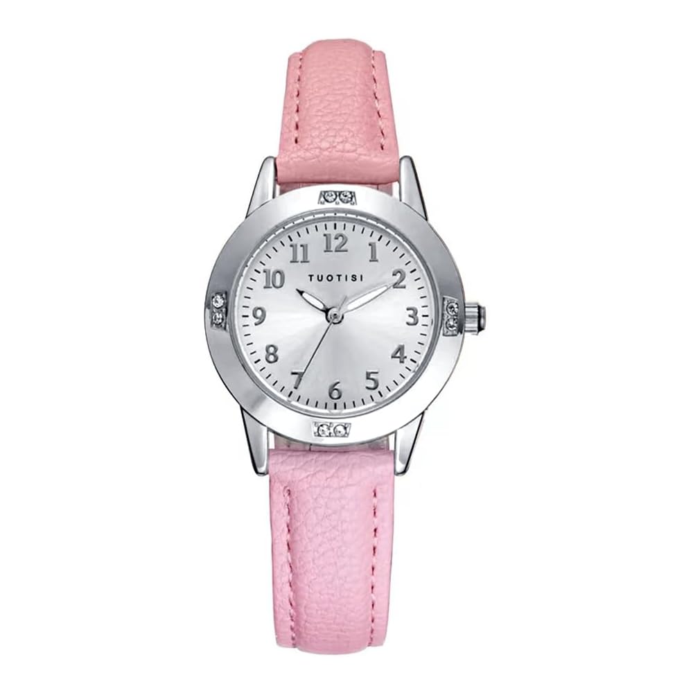 Girls Quartz Casual Watch Round Face 28mm PU Leather Strap Japanese Movement Arabic Numerals Pink Strap Silver Case