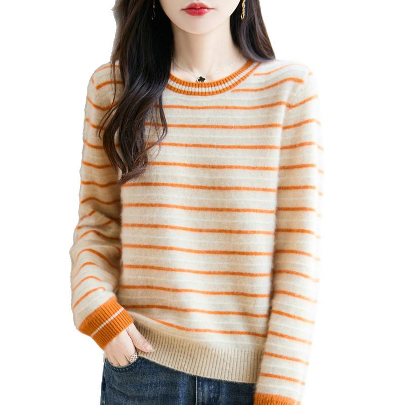 Women's French Retro Striped Wool Sweater - Slim Fit Autumn/Winter Knit Top