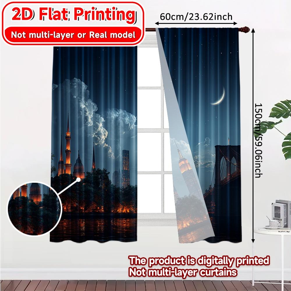 Set Of 2 Flat Printing Curtains Without Rod Cityscape Night View Easter Holiday Digital Polyester Easy Made