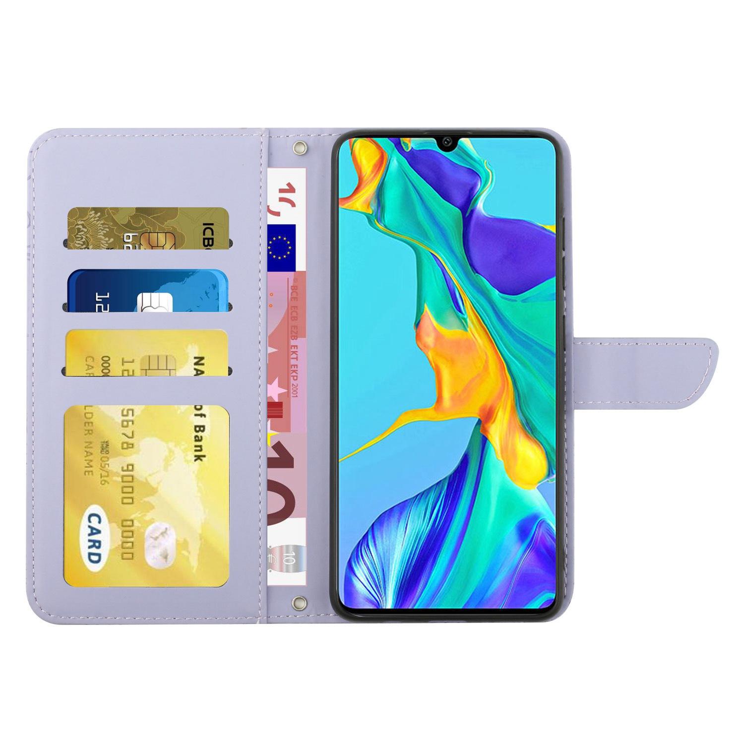 

Skin-touch Feel PU Leather Case for Huawei P30,Butterfly and Flower Imprinting Pattern Supporting Stand Wallet Phone Cover with Shoulder Strap Light Purple