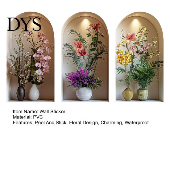 Easy Install Wall Sticker 3 Pcs 3D Vase Stickers Vintage Flower Art Space Extension Self-Adhesive Colorful Floral Blossom Decals for Bedroom
