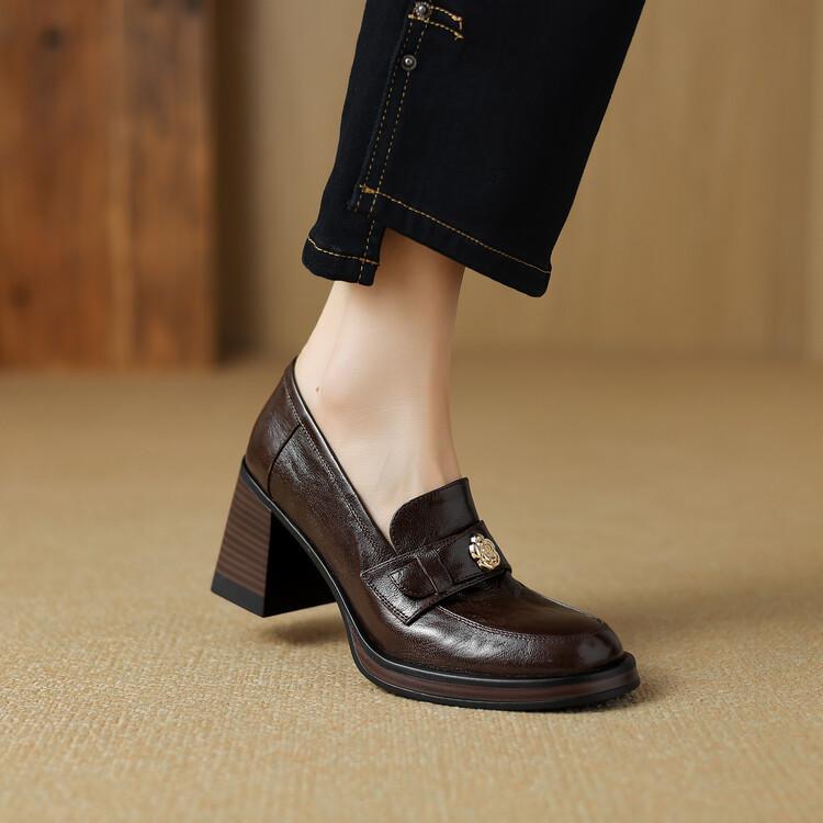 British high-heeled camellia small leather shoes spring thick heel round head platform single shoes loafers