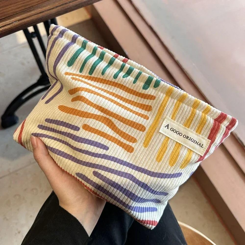 Travel Cosmetic Fashionable Corduroy with Crushed Colors and Makeup Beauty Storage Makeup Clutch Bag Women's Bag, Stripes, Pouch, Case, Organizer,