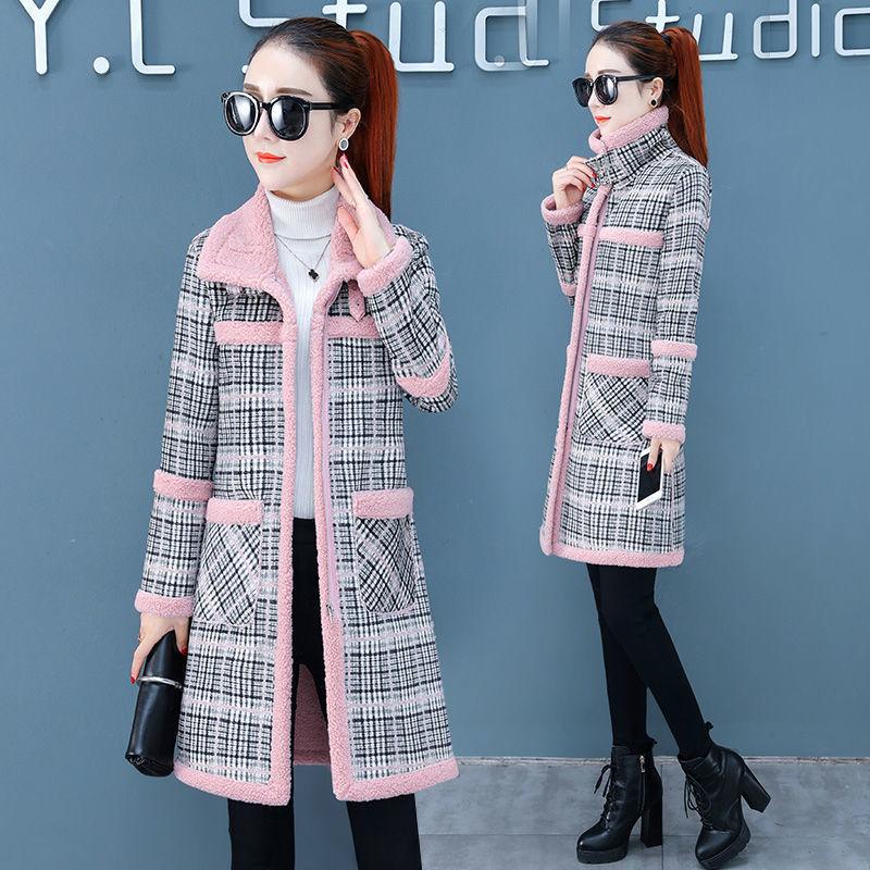 Jesienno-zimowy płaszcz z wełny jagnięcej damski średniej długości uniwersalny gruby w kratę koreańska moda płaszcz z wełny jagnięcej