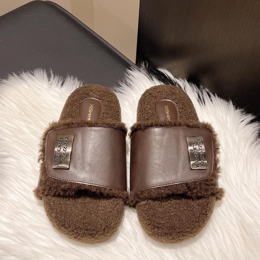 Foreign Style Red Plush Slippers Women's Autumn New Fashion Plush Slippers Small Height-increasing Lamb Wool Slippers