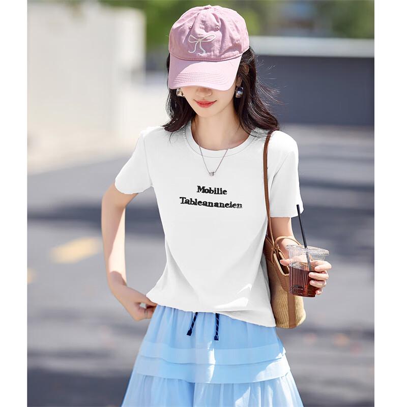 Shang Jing Women s 3D Letter Print Round Neck T-Shirt M