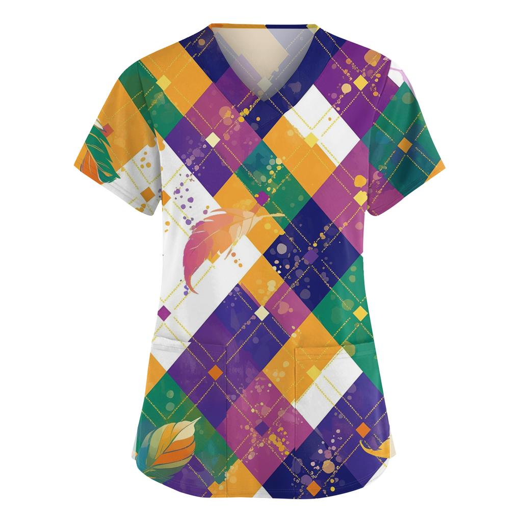 Women's Fashionable V-neck Workwear Printed Short Sleeved Pocket Side Slit Workwear Basic Pullover Top