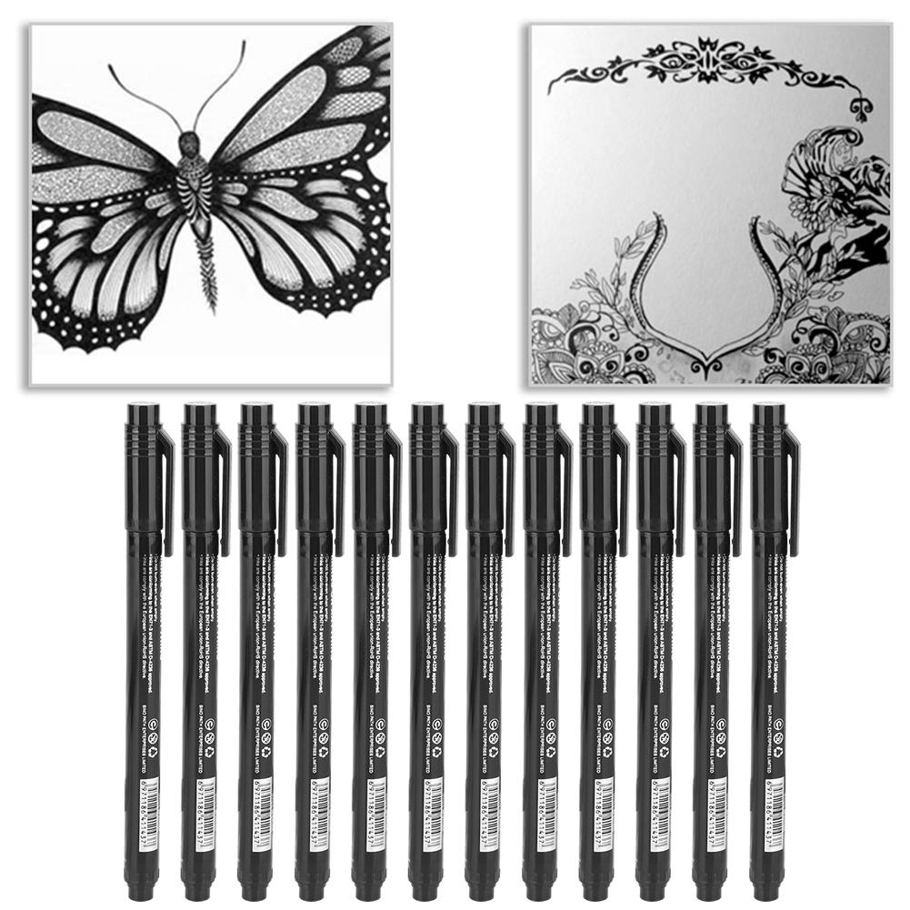 12pcs Micron Liner Fine Tip Marker Pen Black Water Based Ink Waterproof Drawing Sketch Pen